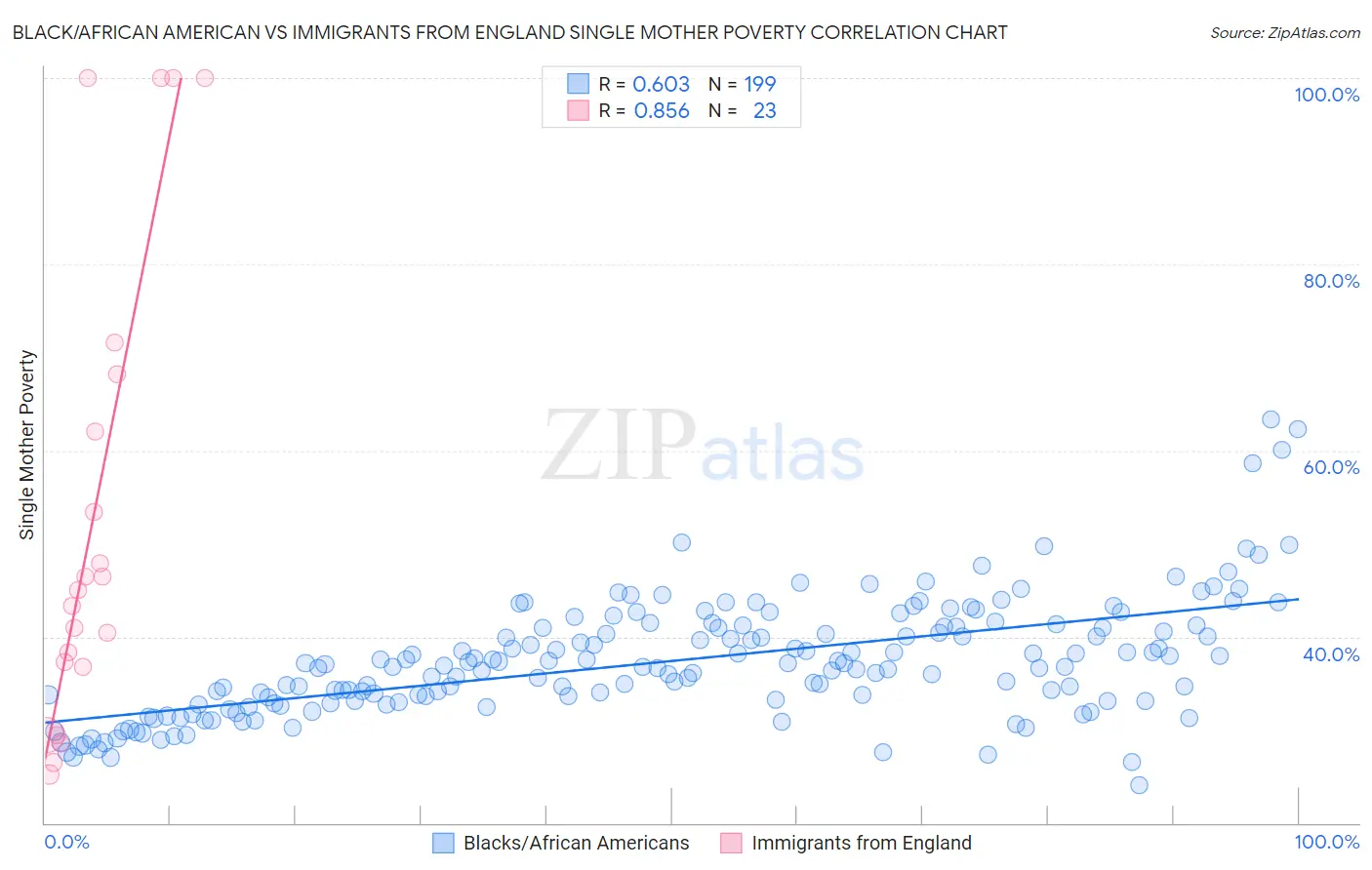 Black/African American vs Immigrants from England Single Mother Poverty