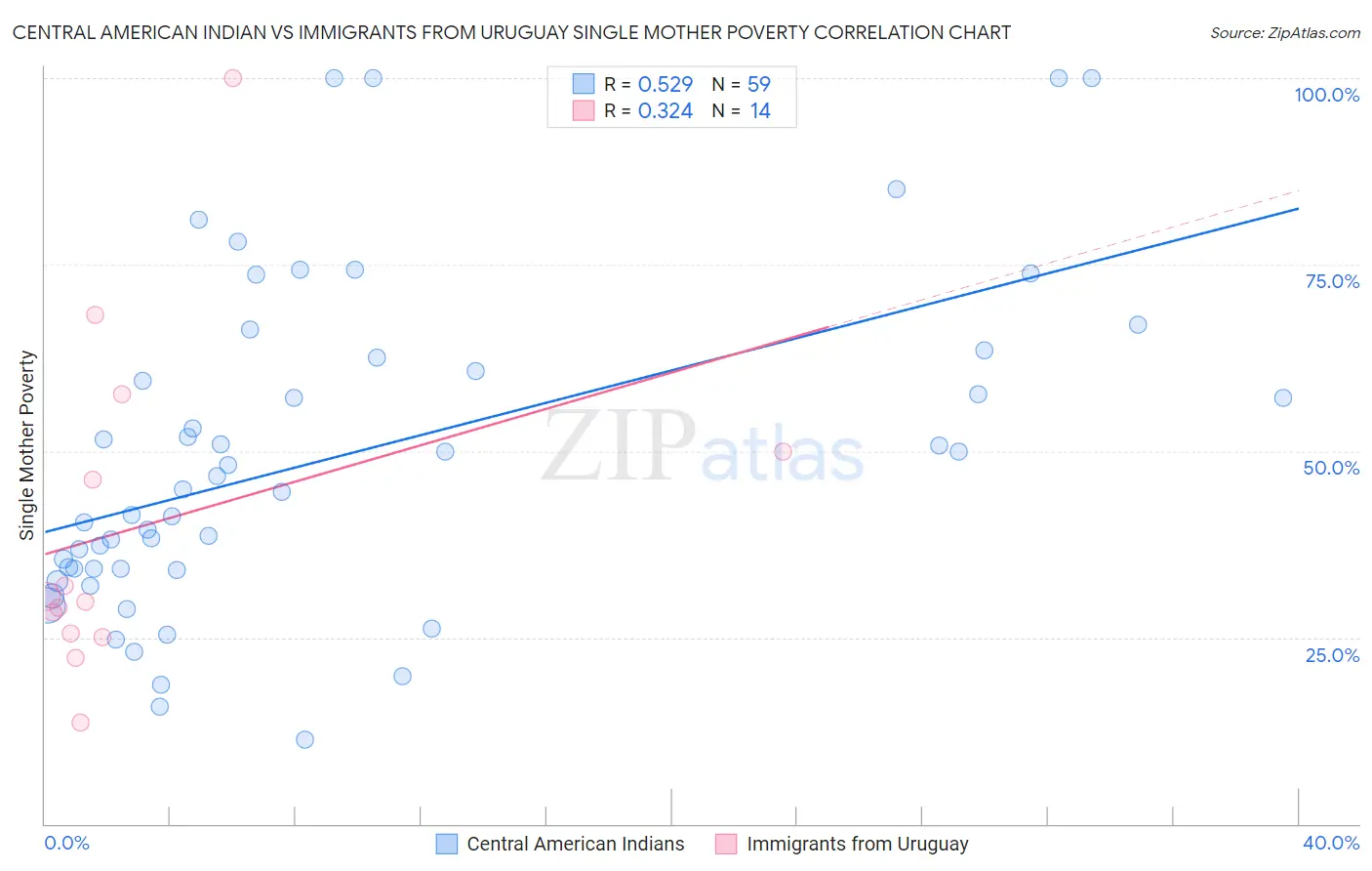 Central American Indian vs Immigrants from Uruguay Single Mother Poverty