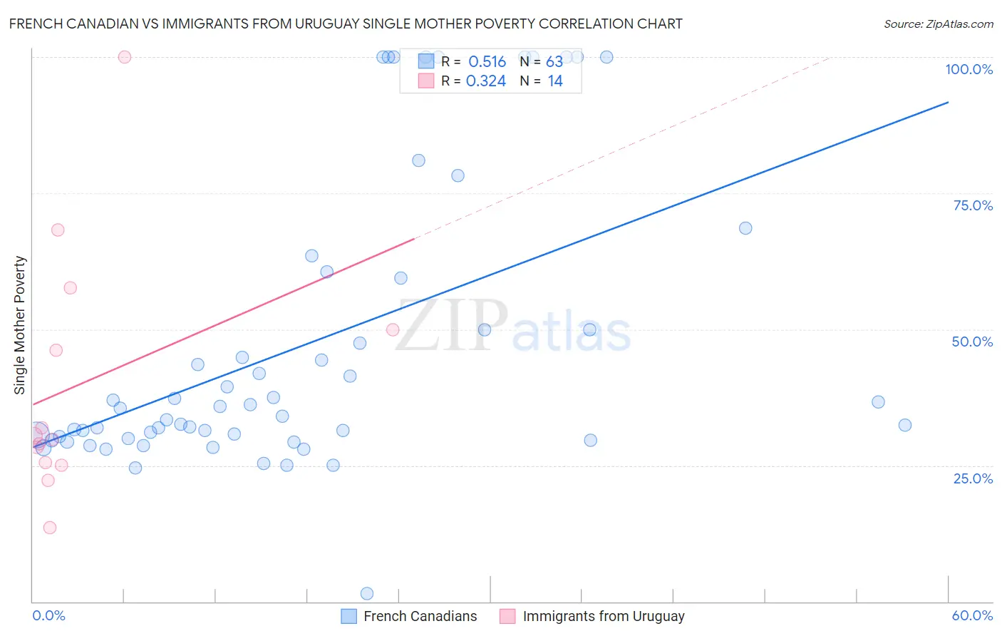 French Canadian vs Immigrants from Uruguay Single Mother Poverty