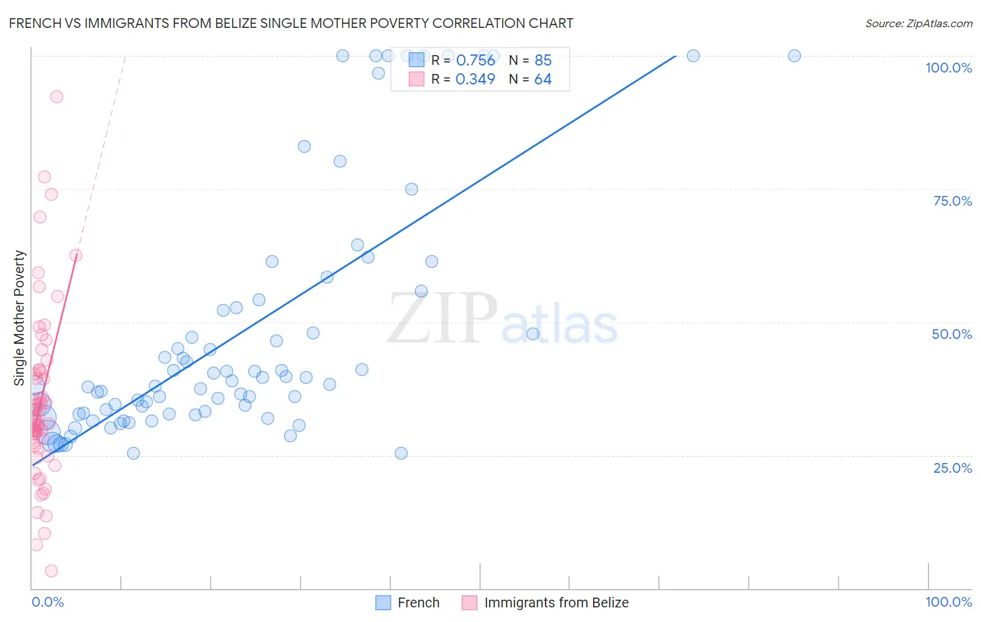 French vs Immigrants from Belize Single Mother Poverty