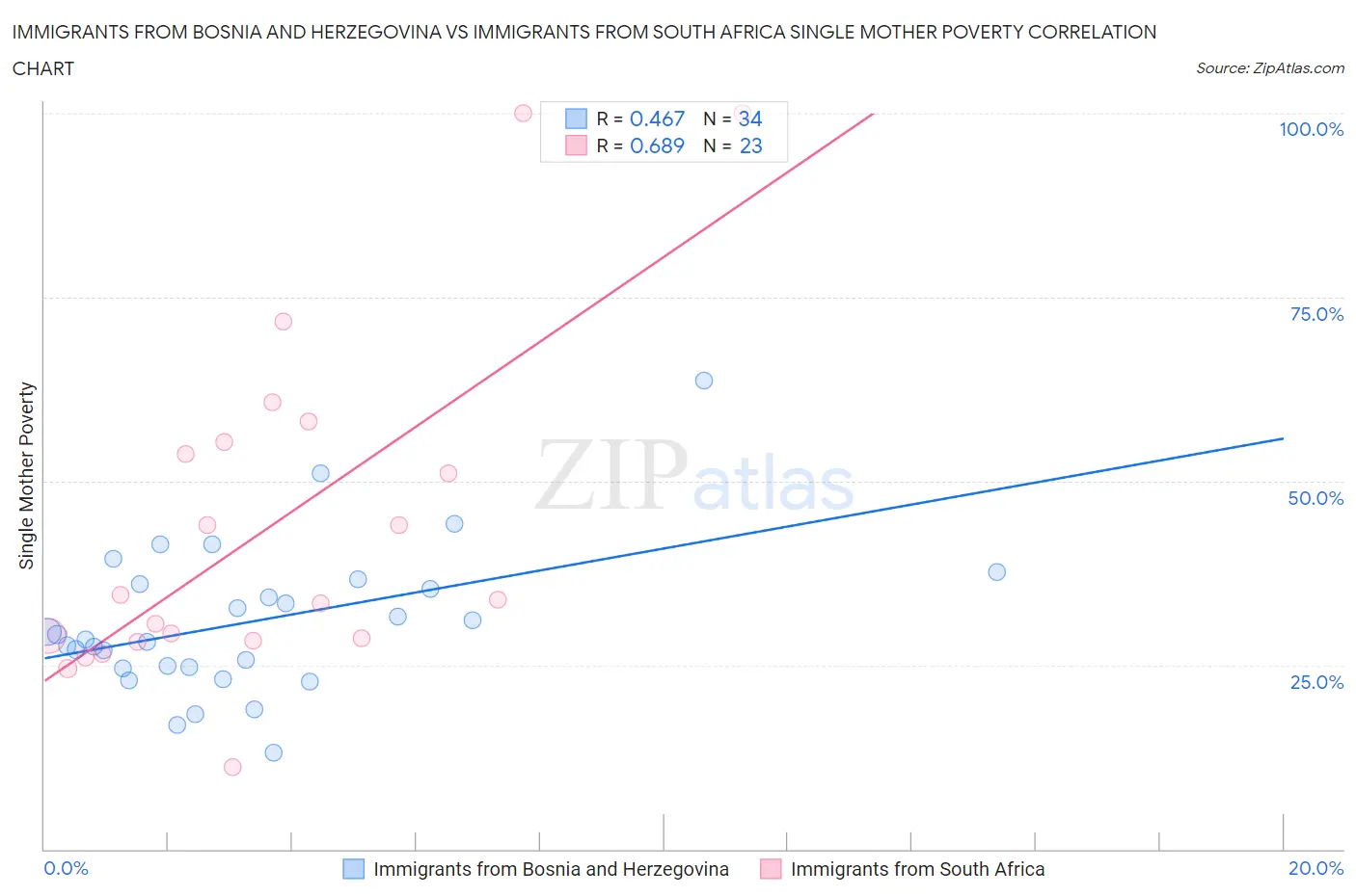 Immigrants from Bosnia and Herzegovina vs Immigrants from South Africa Single Mother Poverty