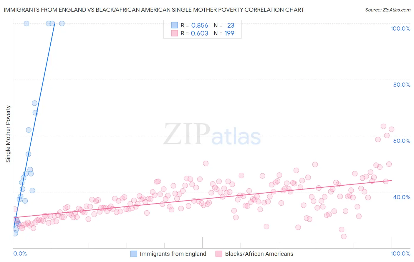 Immigrants from England vs Black/African American Single Mother Poverty