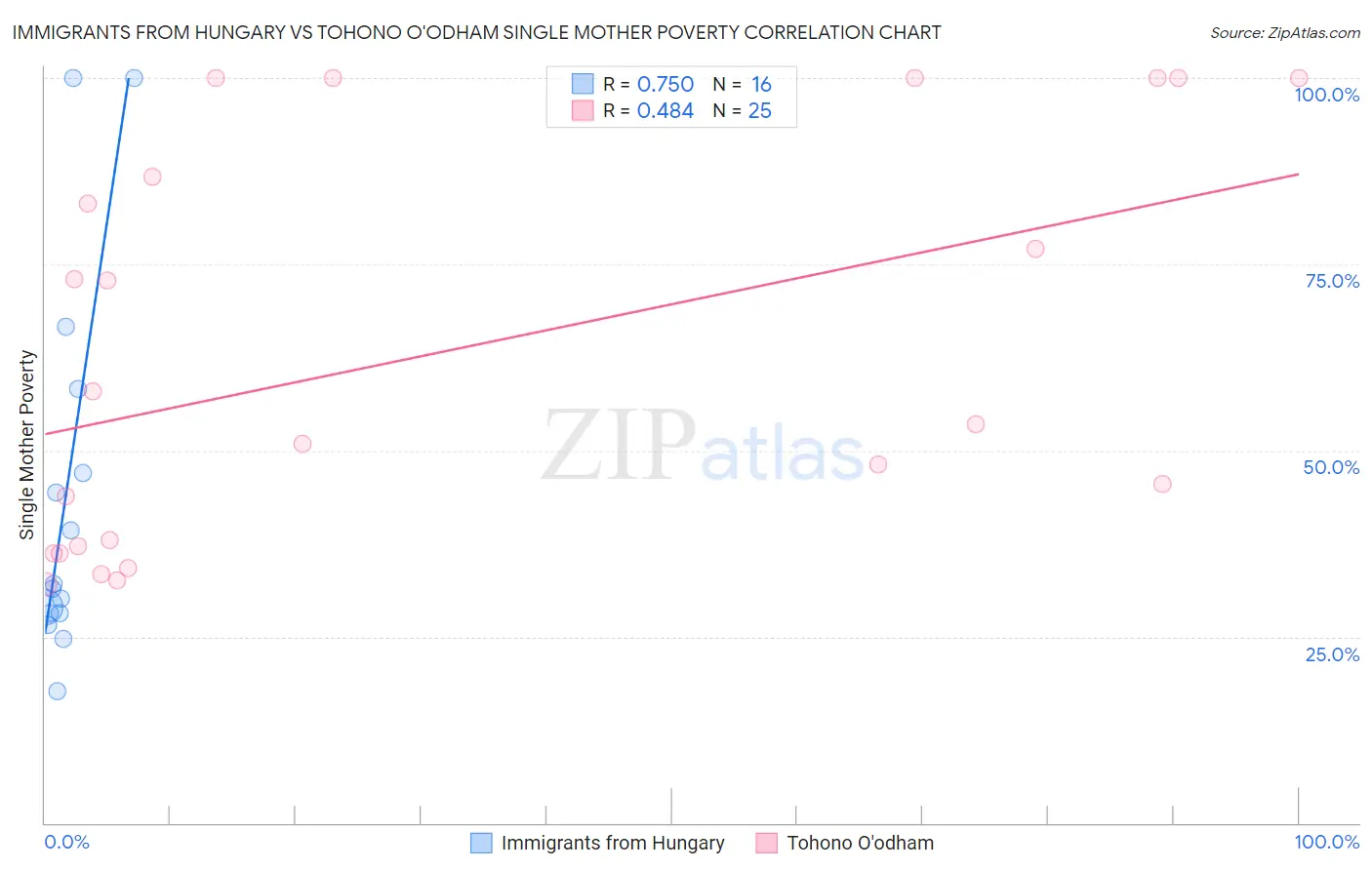 Immigrants from Hungary vs Tohono O'odham Single Mother Poverty