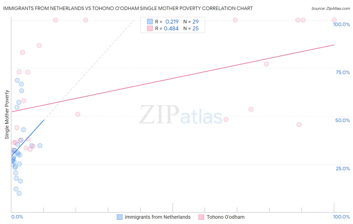 Immigrants from Netherlands vs Tohono O'odham Single Mother Poverty