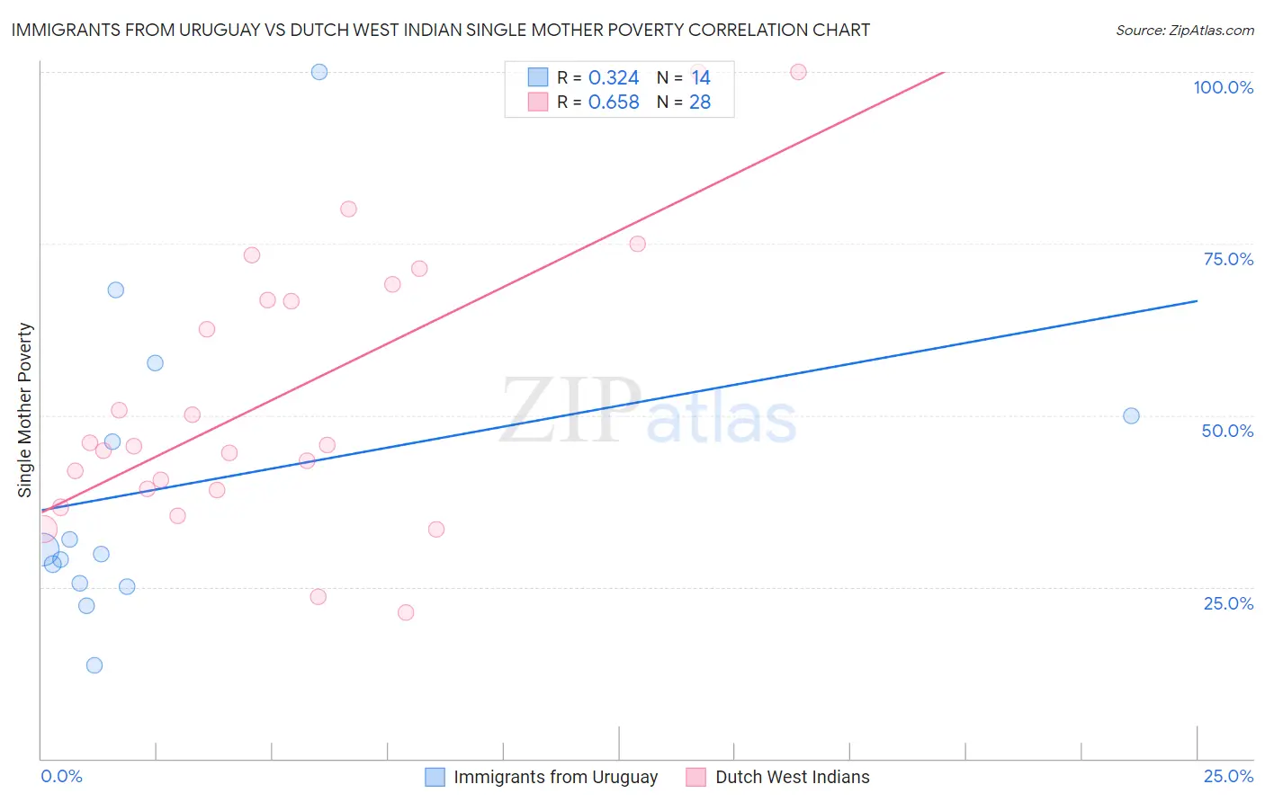 Immigrants from Uruguay vs Dutch West Indian Single Mother Poverty