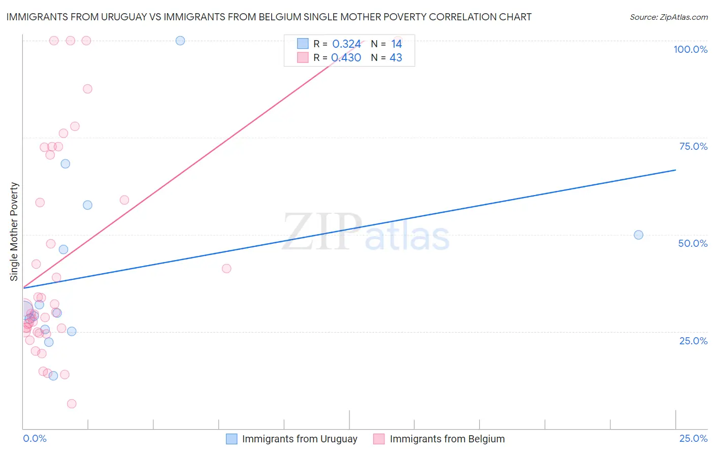 Immigrants from Uruguay vs Immigrants from Belgium Single Mother Poverty