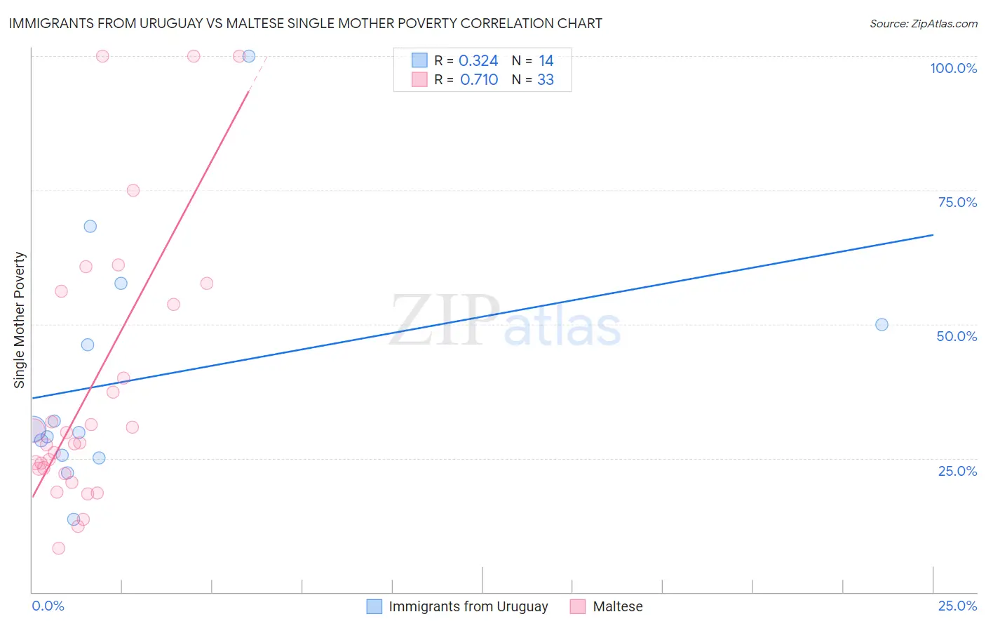 Immigrants from Uruguay vs Maltese Single Mother Poverty