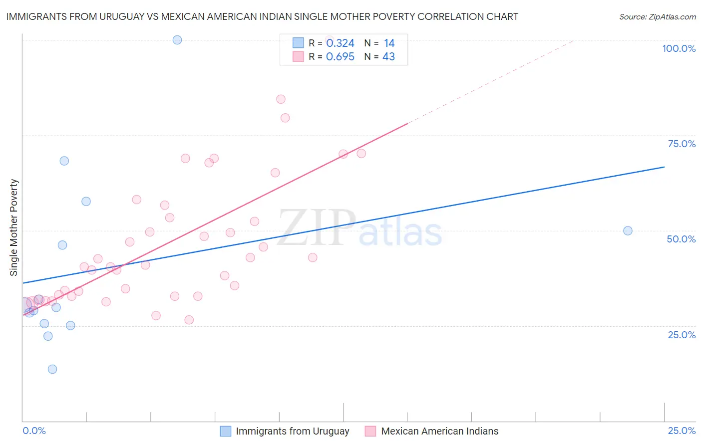 Immigrants from Uruguay vs Mexican American Indian Single Mother Poverty