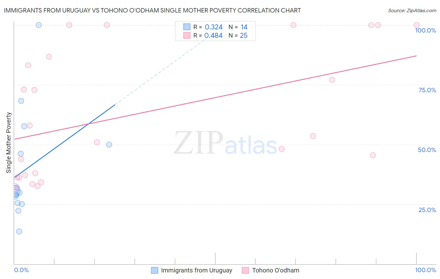 Immigrants from Uruguay vs Tohono O'odham Single Mother Poverty