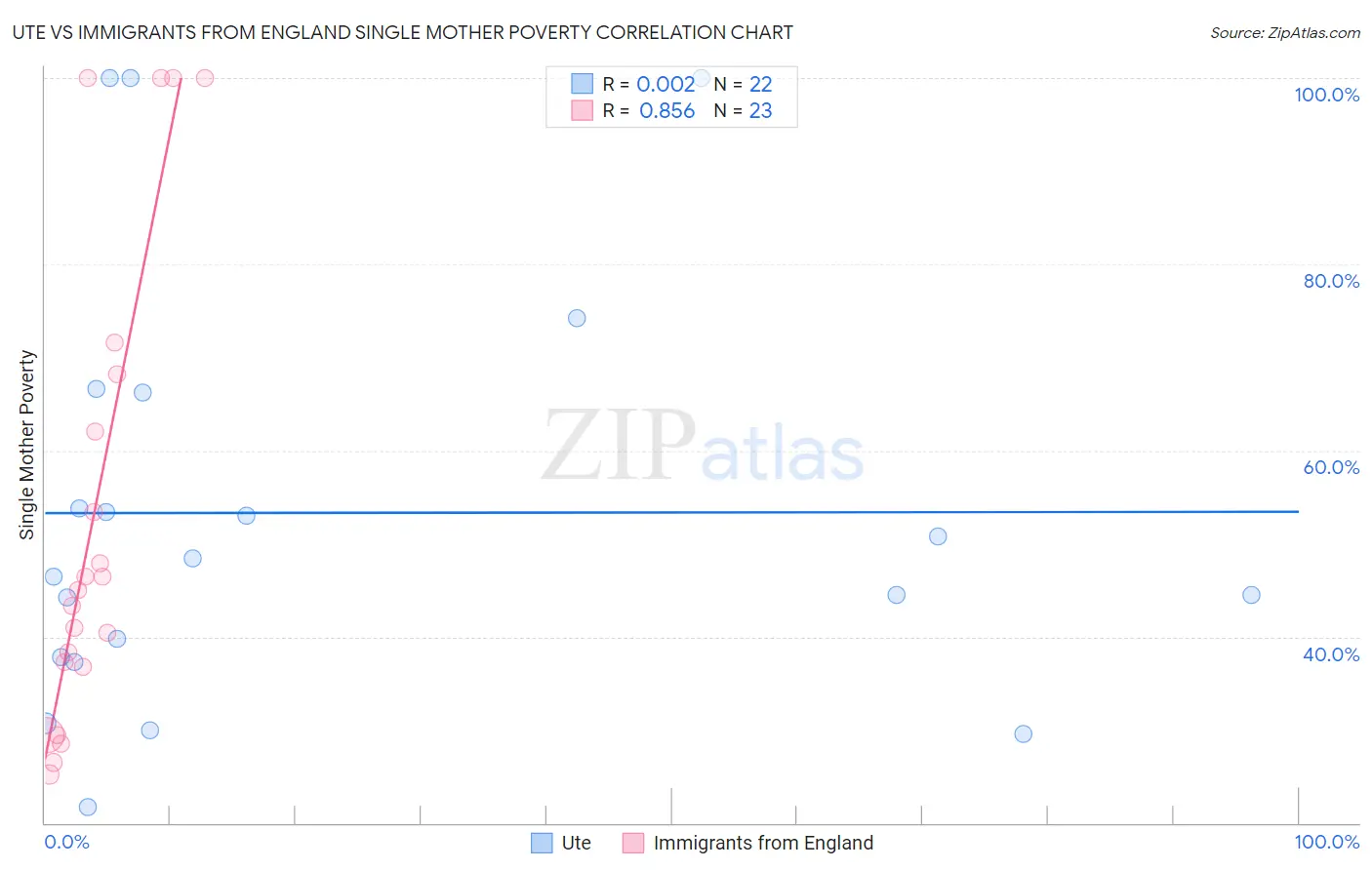 Ute vs Immigrants from England Single Mother Poverty