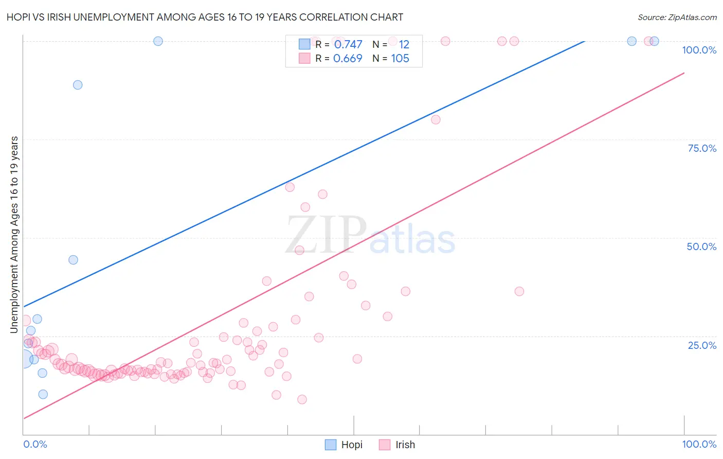 Hopi vs Irish Unemployment Among Ages 16 to 19 years