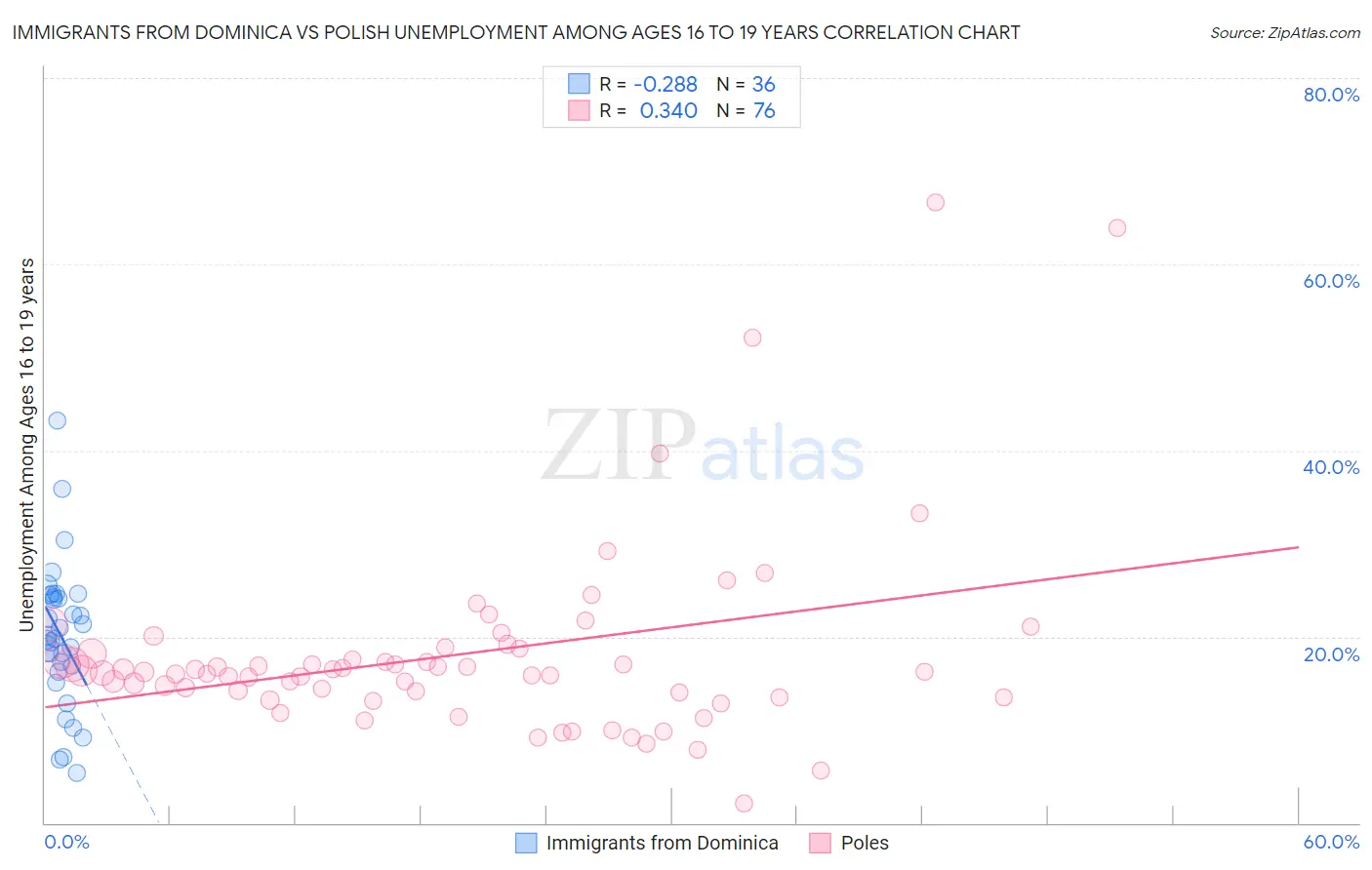 Immigrants from Dominica vs Polish Unemployment Among Ages 16 to 19 years