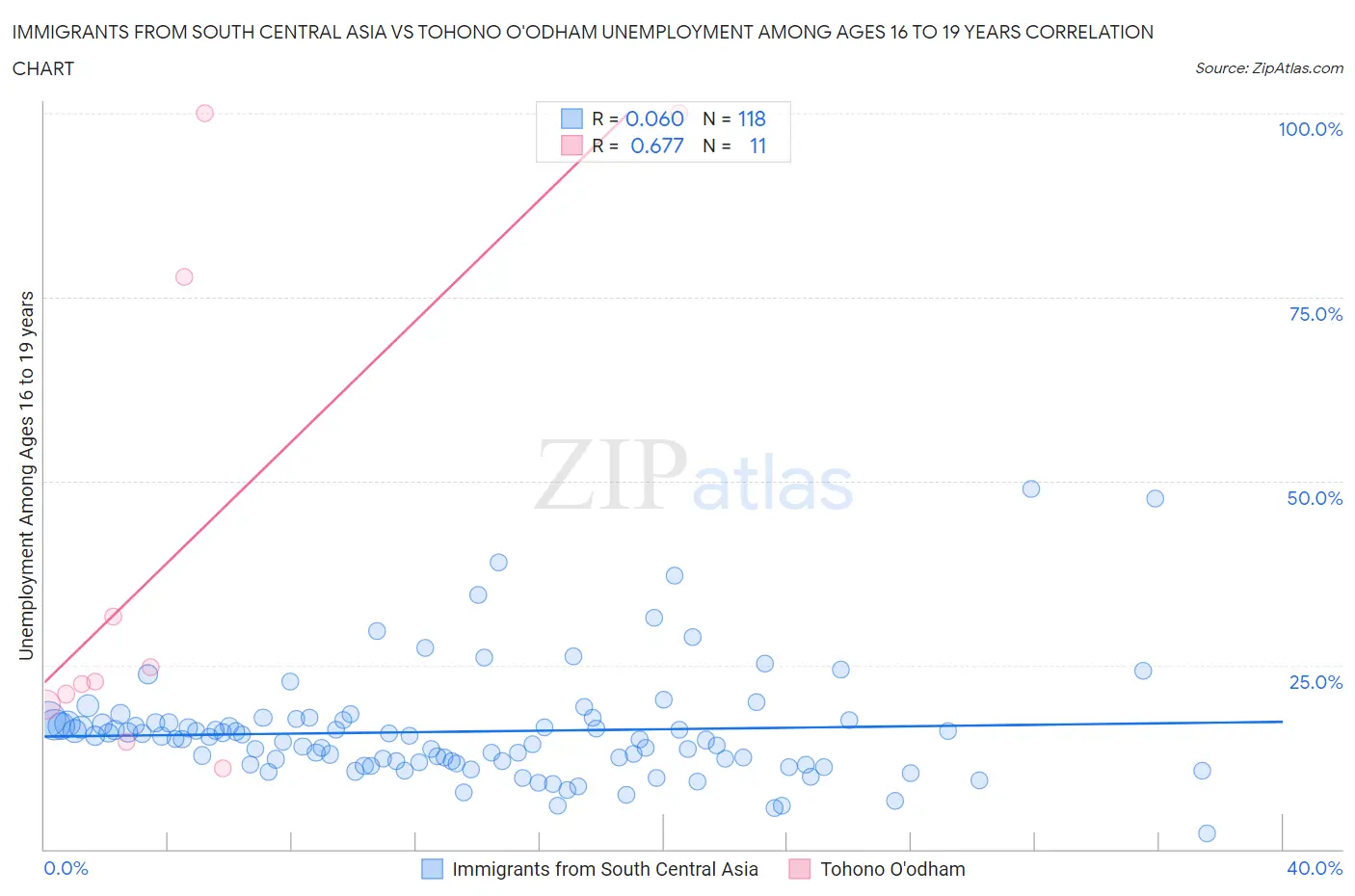 Immigrants from South Central Asia vs Tohono O'odham Unemployment Among Ages 16 to 19 years