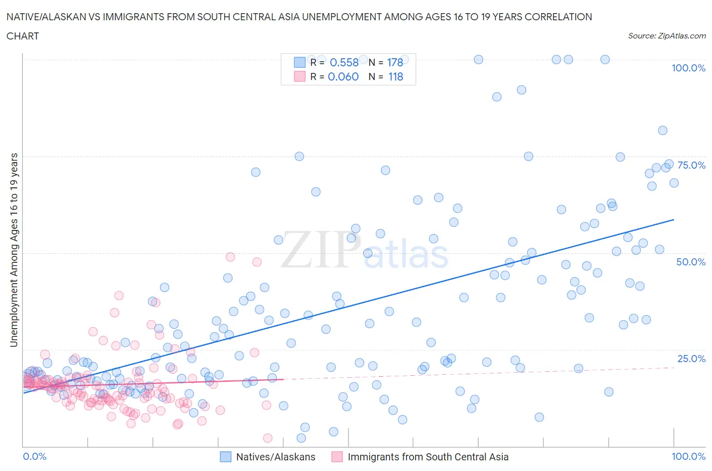 Native/Alaskan vs Immigrants from South Central Asia Unemployment Among Ages 16 to 19 years