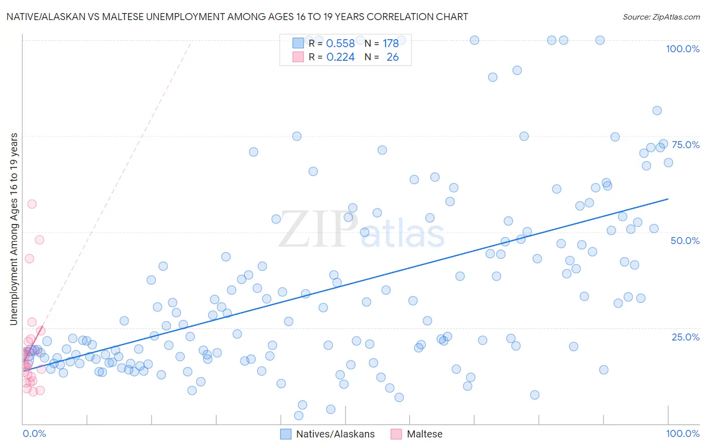 Native/Alaskan vs Maltese Unemployment Among Ages 16 to 19 years