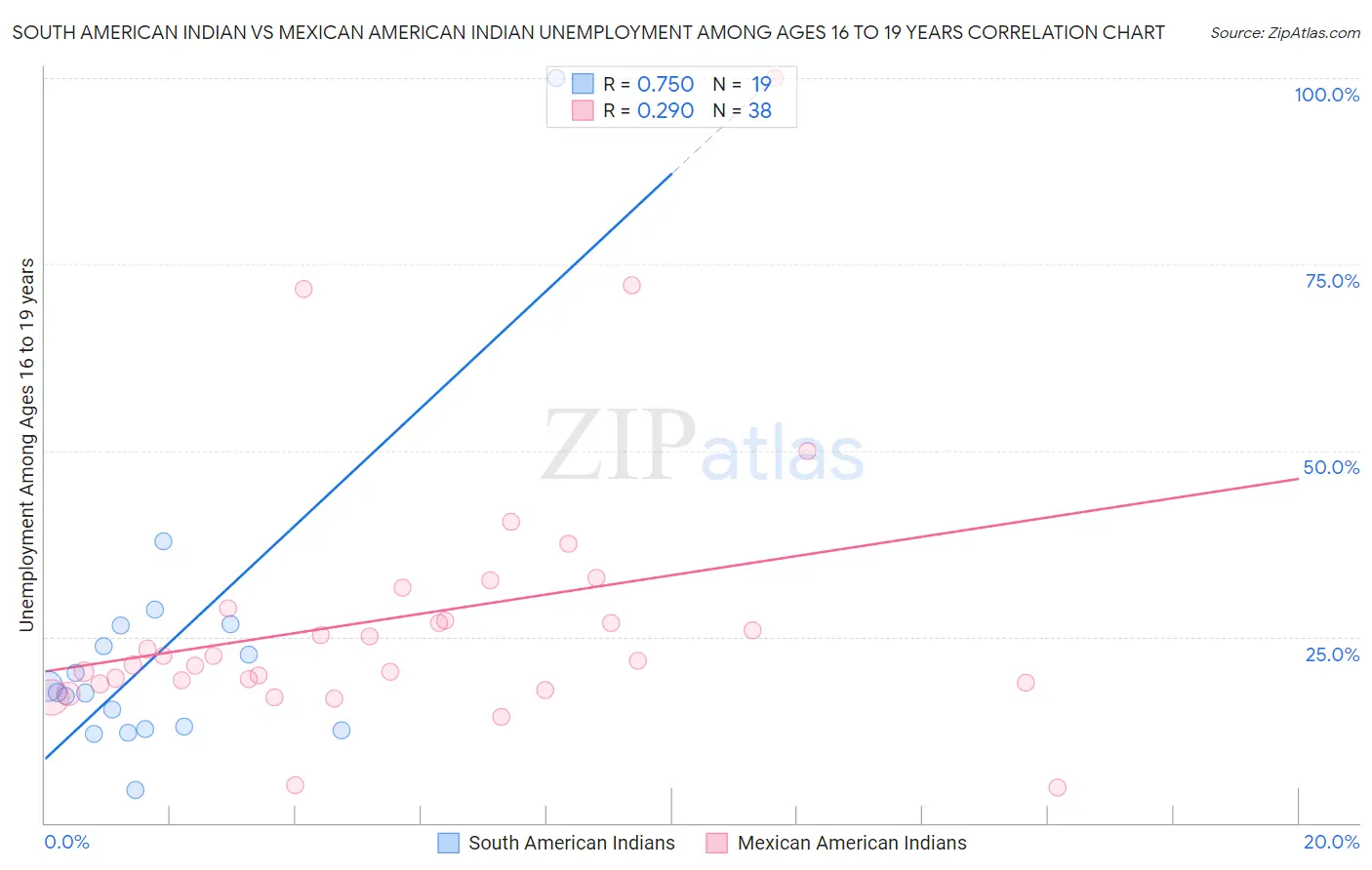 South American Indian vs Mexican American Indian Unemployment Among Ages 16 to 19 years