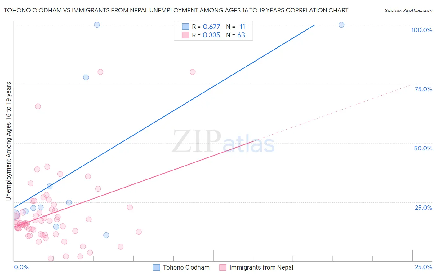 Tohono O'odham vs Immigrants from Nepal Unemployment Among Ages 16 to 19 years