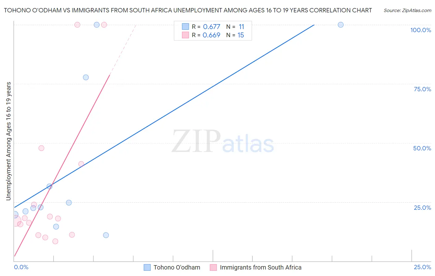 Tohono O'odham vs Immigrants from South Africa Unemployment Among Ages 16 to 19 years