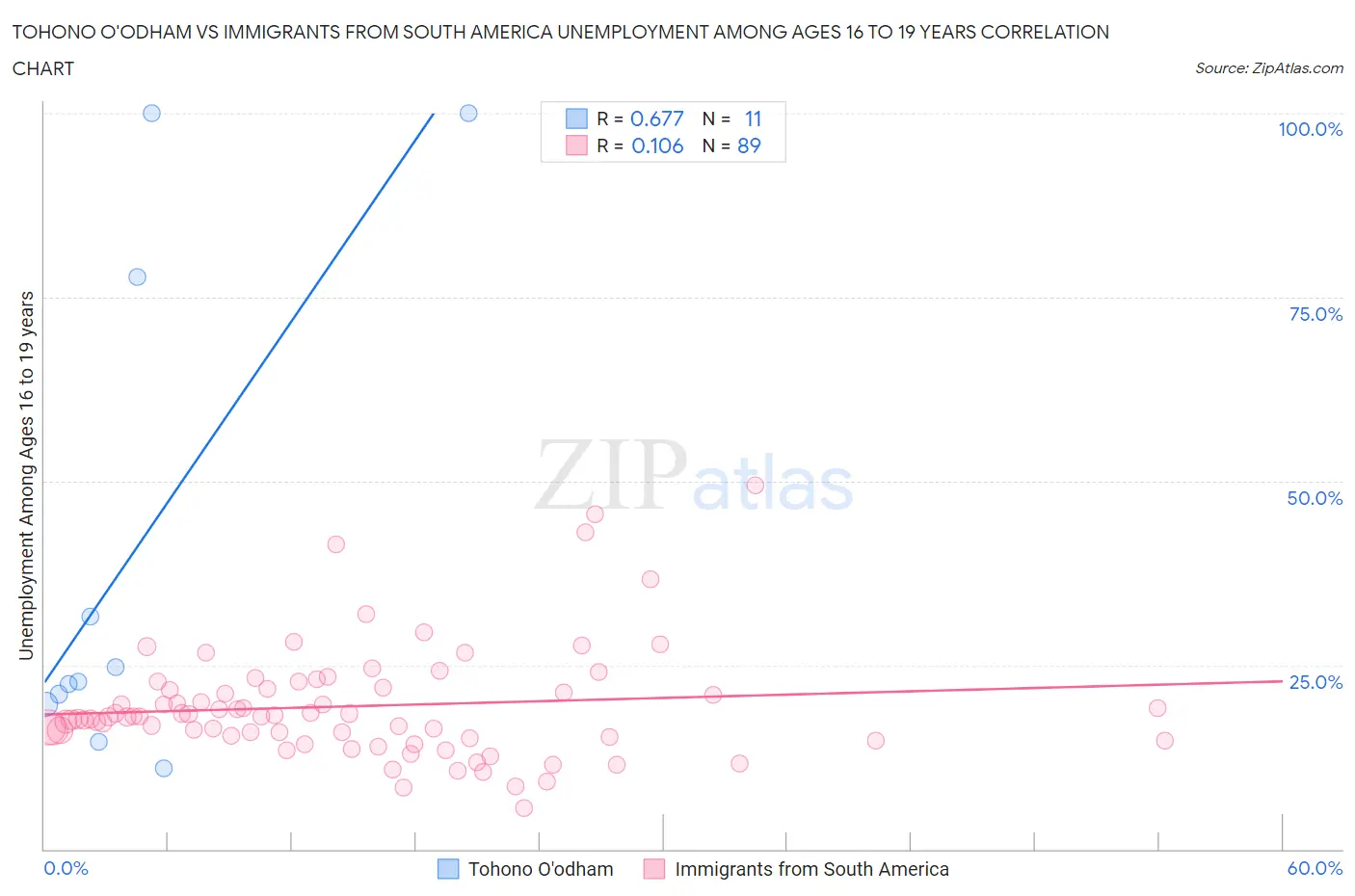 Tohono O'odham vs Immigrants from South America Unemployment Among Ages 16 to 19 years