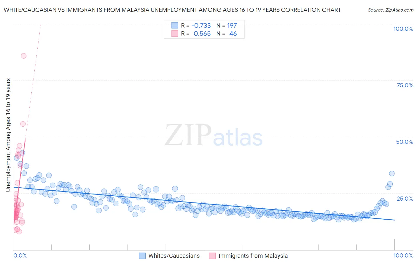 White/Caucasian vs Immigrants from Malaysia Unemployment Among Ages 16 to 19 years