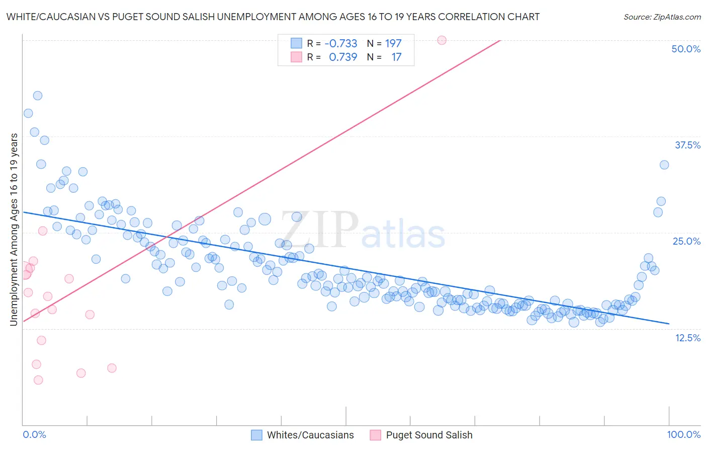 White/Caucasian vs Puget Sound Salish Unemployment Among Ages 16 to 19 years