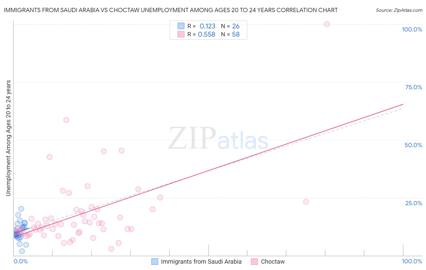 Immigrants from Saudi Arabia vs Choctaw Unemployment Among Ages 20 to 24 years