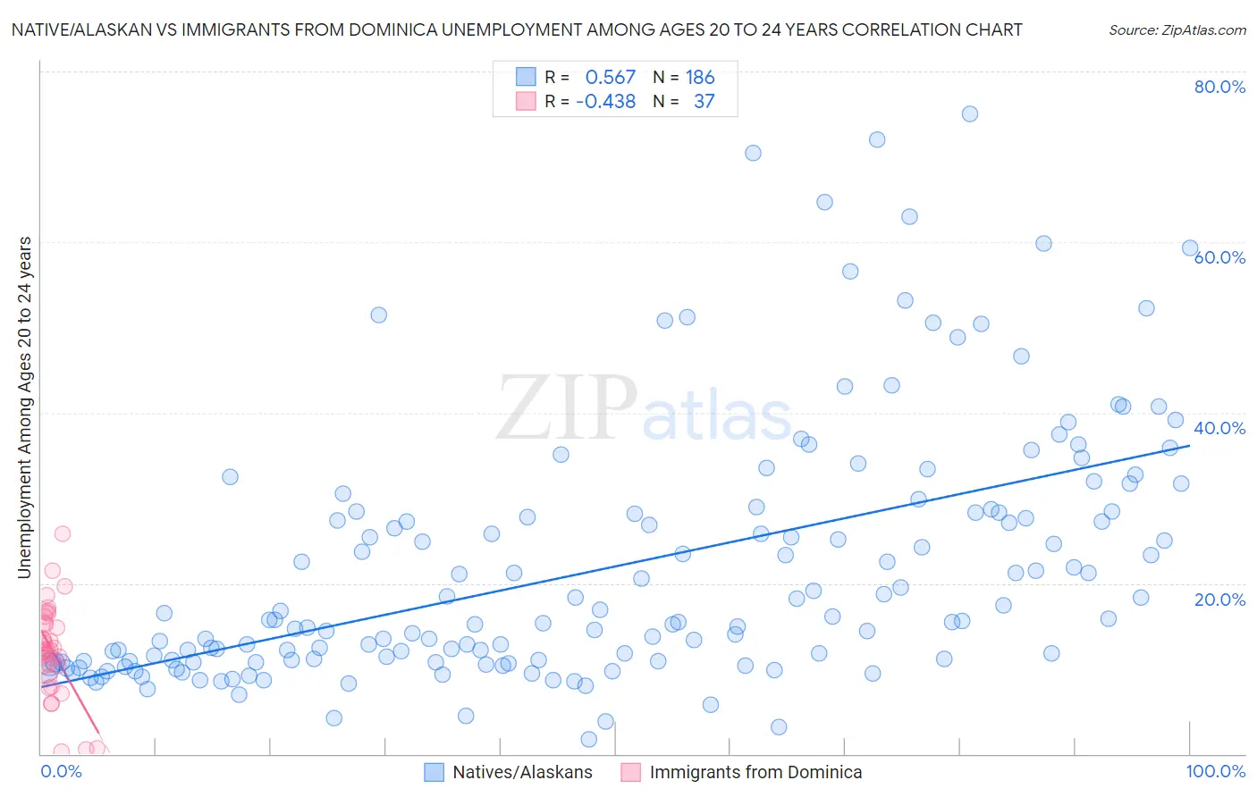 Native/Alaskan vs Immigrants from Dominica Unemployment Among Ages 20 to 24 years