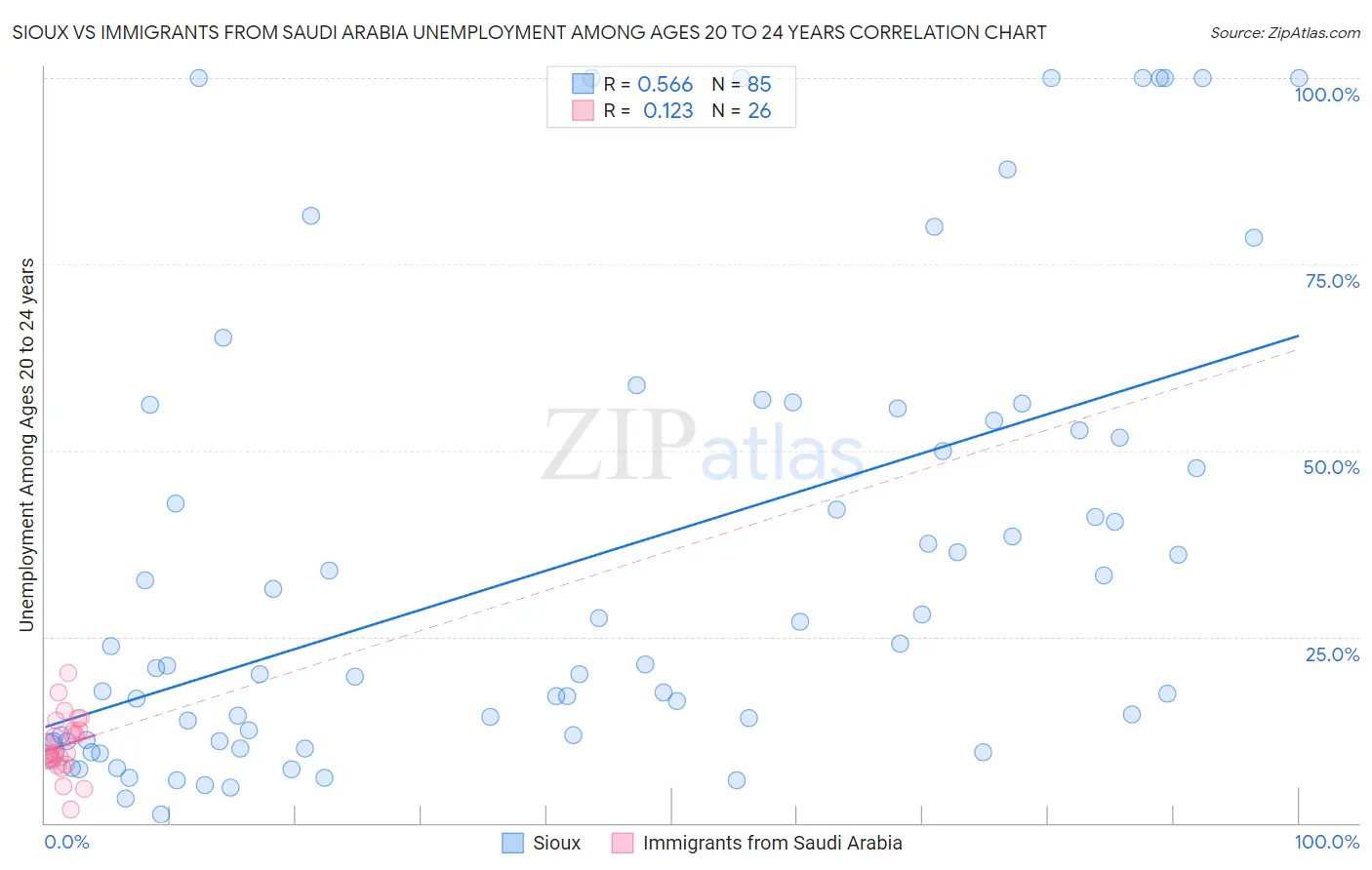 Sioux vs Immigrants from Saudi Arabia Unemployment Among Ages 20 to 24 years