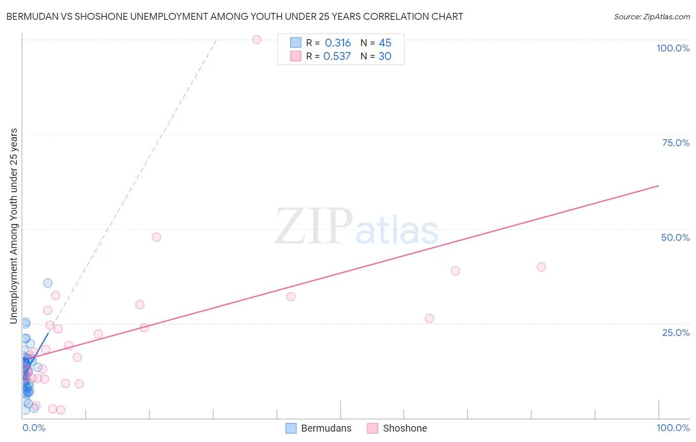 Bermudan vs Shoshone Unemployment Among Youth under 25 years