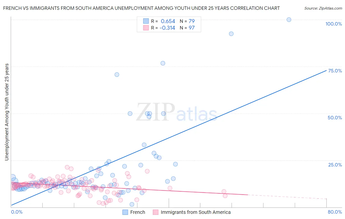 French vs Immigrants from South America Unemployment Among Youth under 25 years