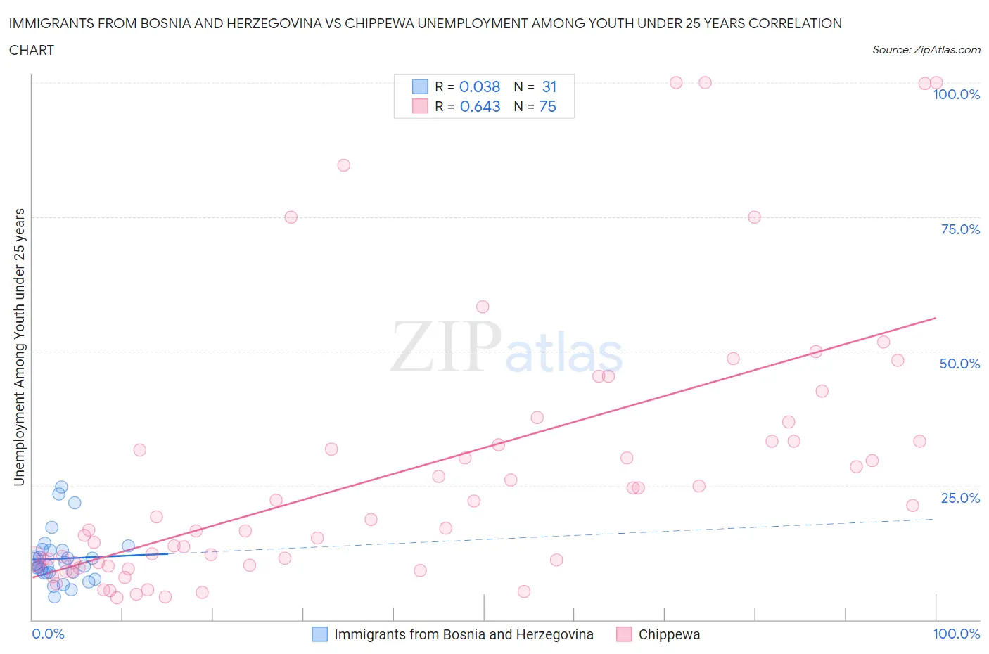 Immigrants from Bosnia and Herzegovina vs Chippewa Unemployment Among Youth under 25 years