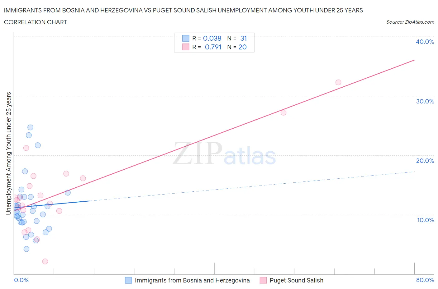 Immigrants from Bosnia and Herzegovina vs Puget Sound Salish Unemployment Among Youth under 25 years