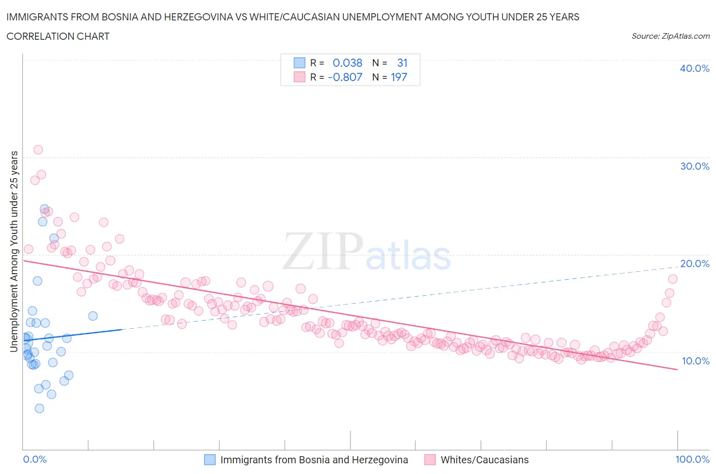 Immigrants from Bosnia and Herzegovina vs White/Caucasian Unemployment Among Youth under 25 years