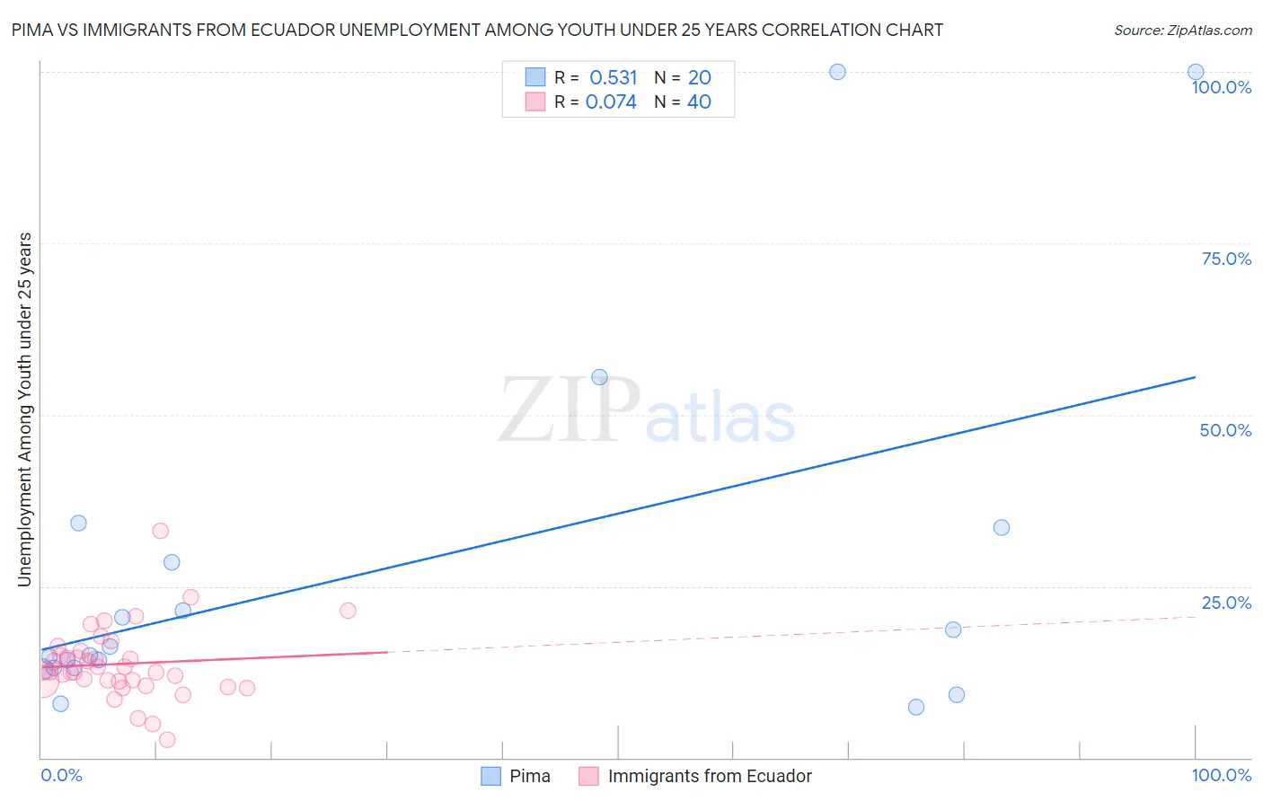 Pima vs Immigrants from Ecuador Unemployment Among Youth under 25 years