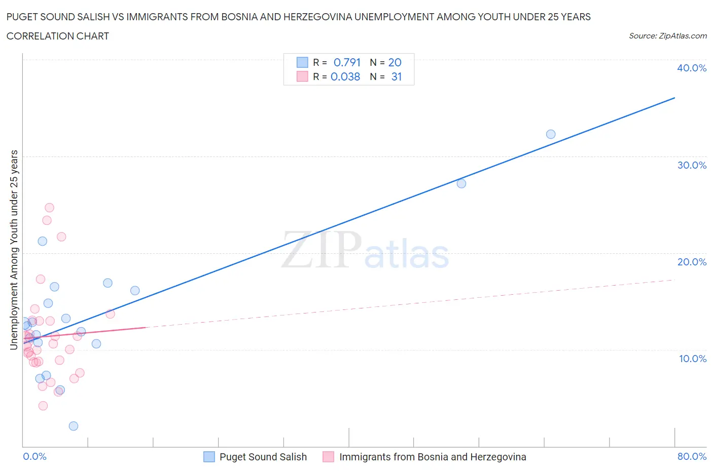 Puget Sound Salish vs Immigrants from Bosnia and Herzegovina Unemployment Among Youth under 25 years