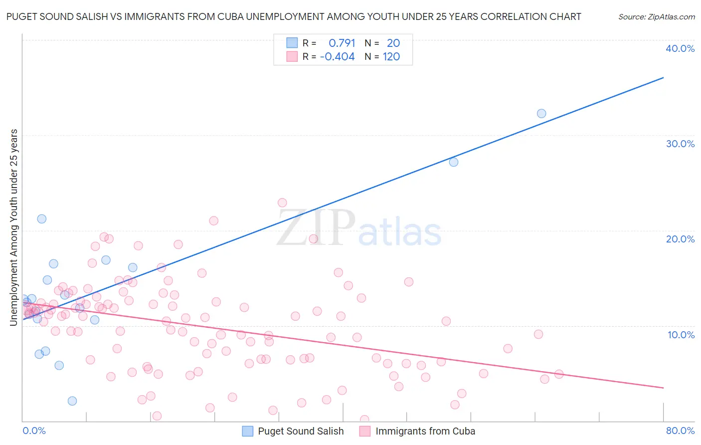 Puget Sound Salish vs Immigrants from Cuba Unemployment Among Youth under 25 years