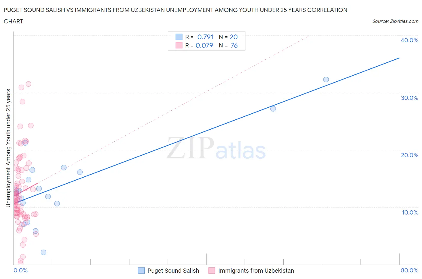 Puget Sound Salish vs Immigrants from Uzbekistan Unemployment Among Youth under 25 years