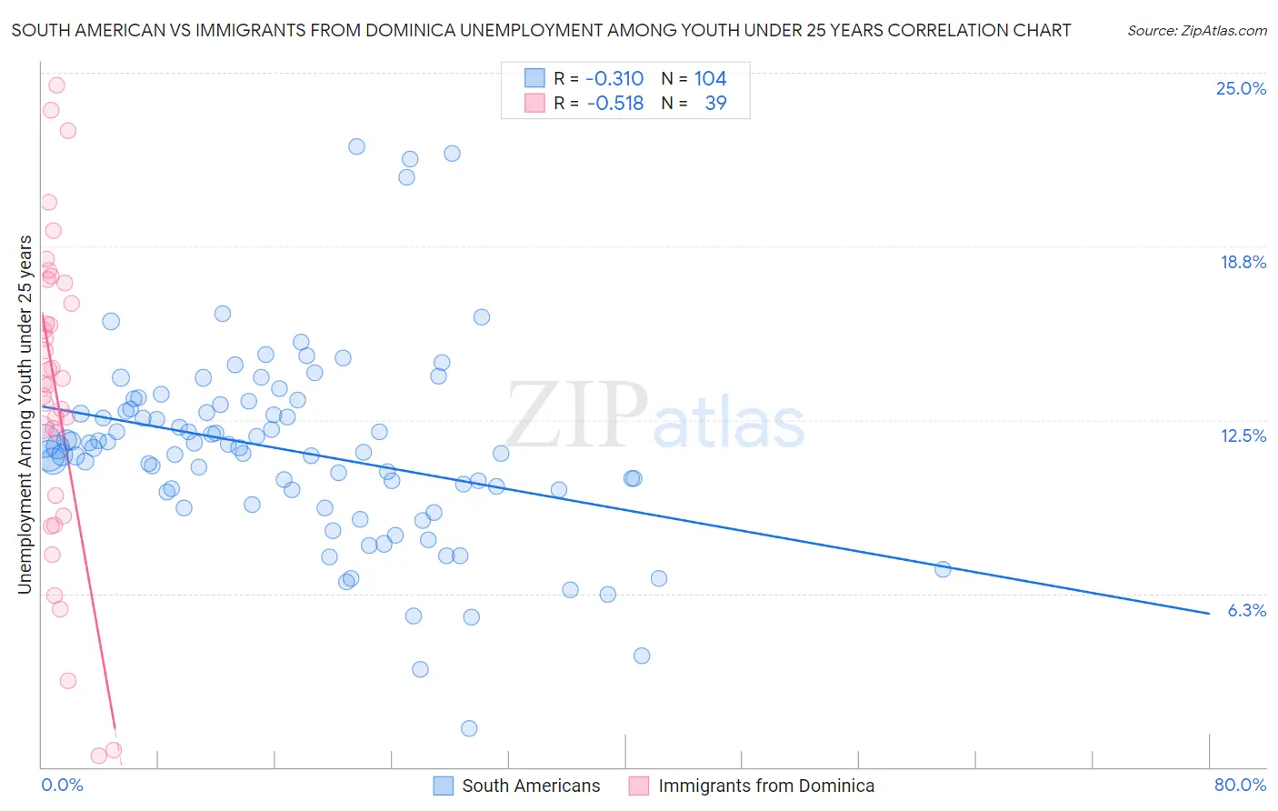 South American vs Immigrants from Dominica Unemployment Among Youth under 25 years