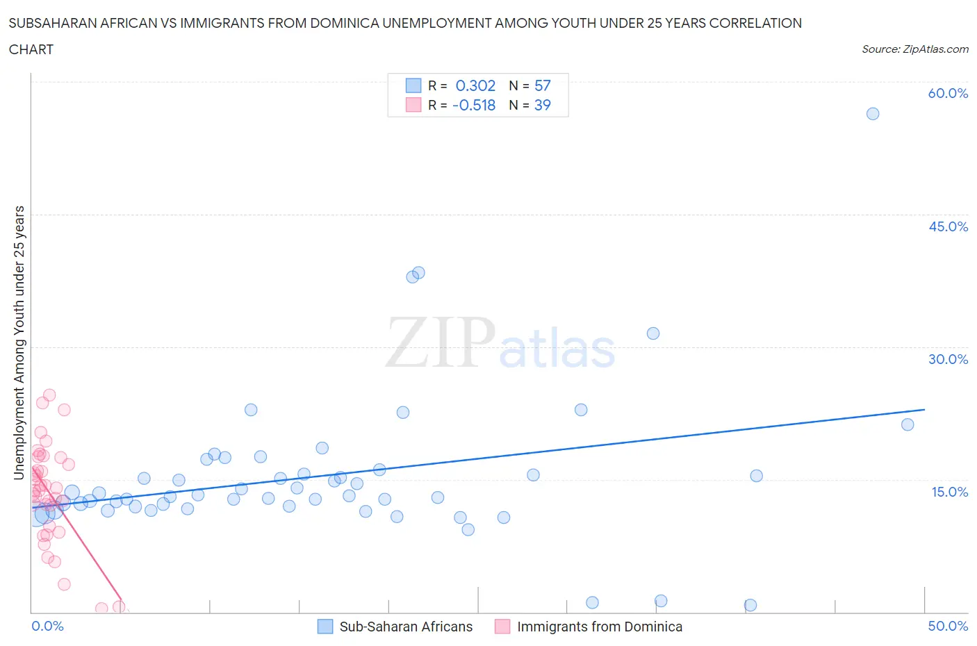 Subsaharan African vs Immigrants from Dominica Unemployment Among Youth under 25 years