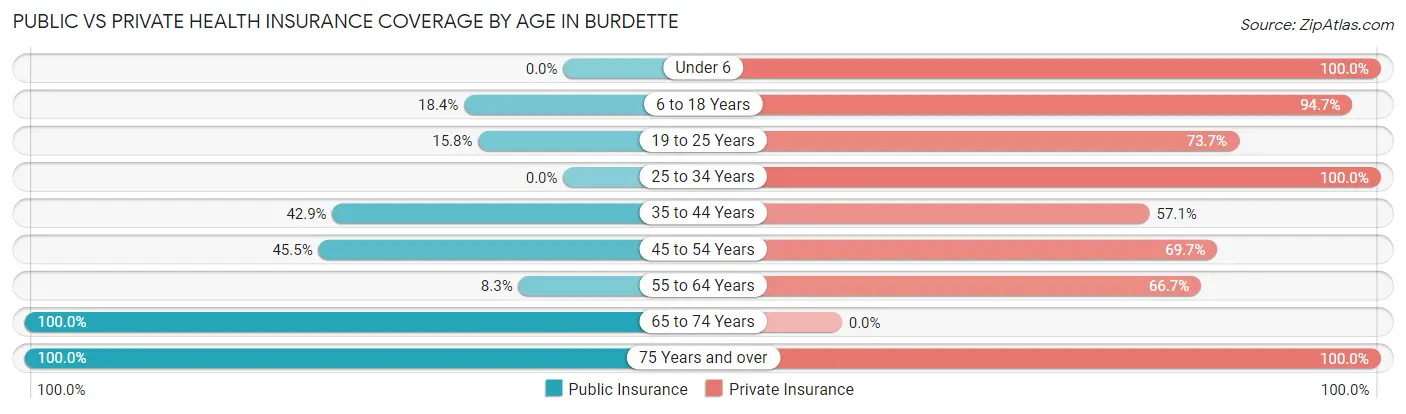 Public vs Private Health Insurance Coverage by Age in Burdette