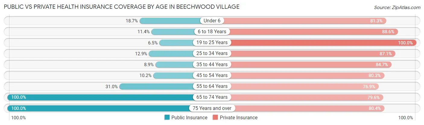 Public vs Private Health Insurance Coverage by Age in Beechwood Village