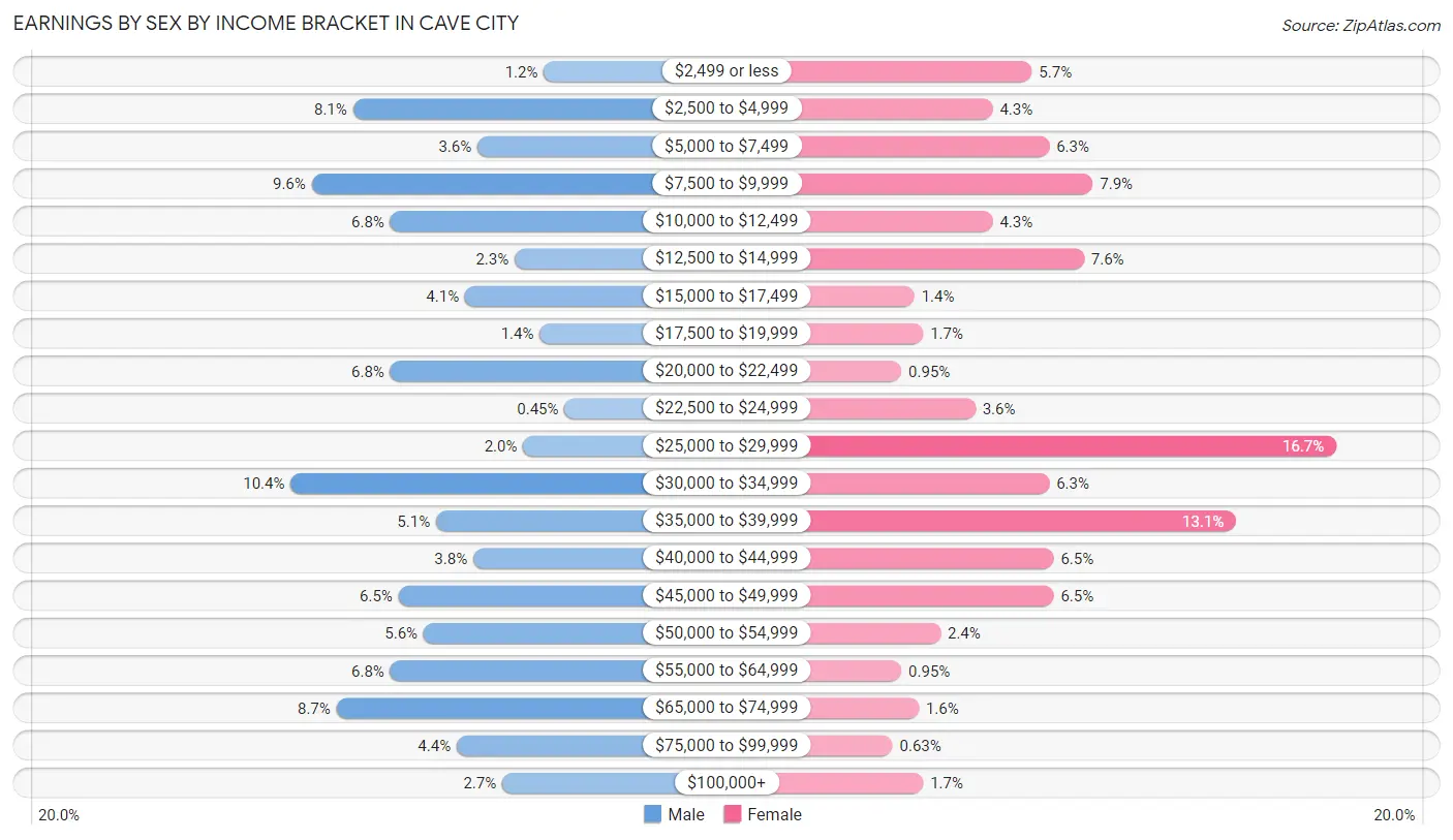 Earnings by Sex by Income Bracket in Cave City