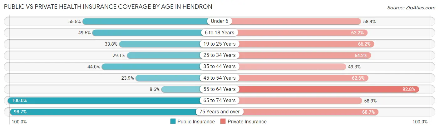 Public vs Private Health Insurance Coverage by Age in Hendron