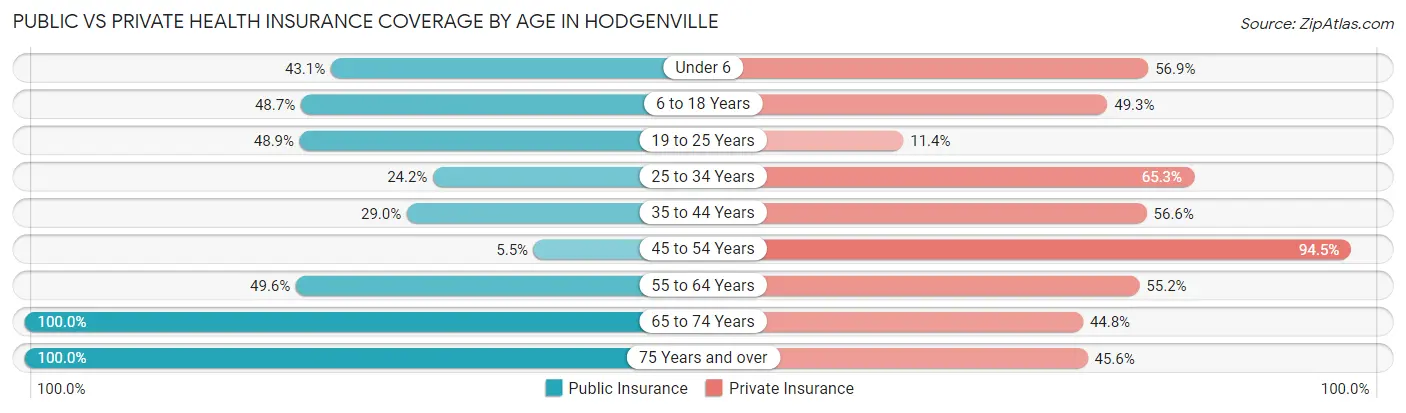 Public vs Private Health Insurance Coverage by Age in Hodgenville