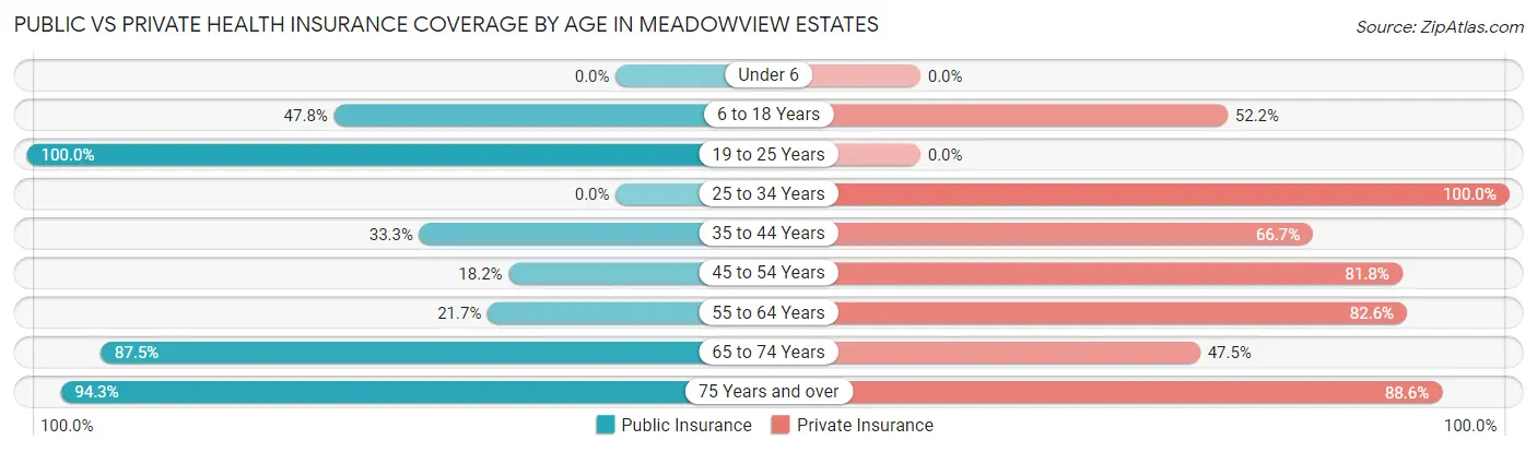 Public vs Private Health Insurance Coverage by Age in Meadowview Estates