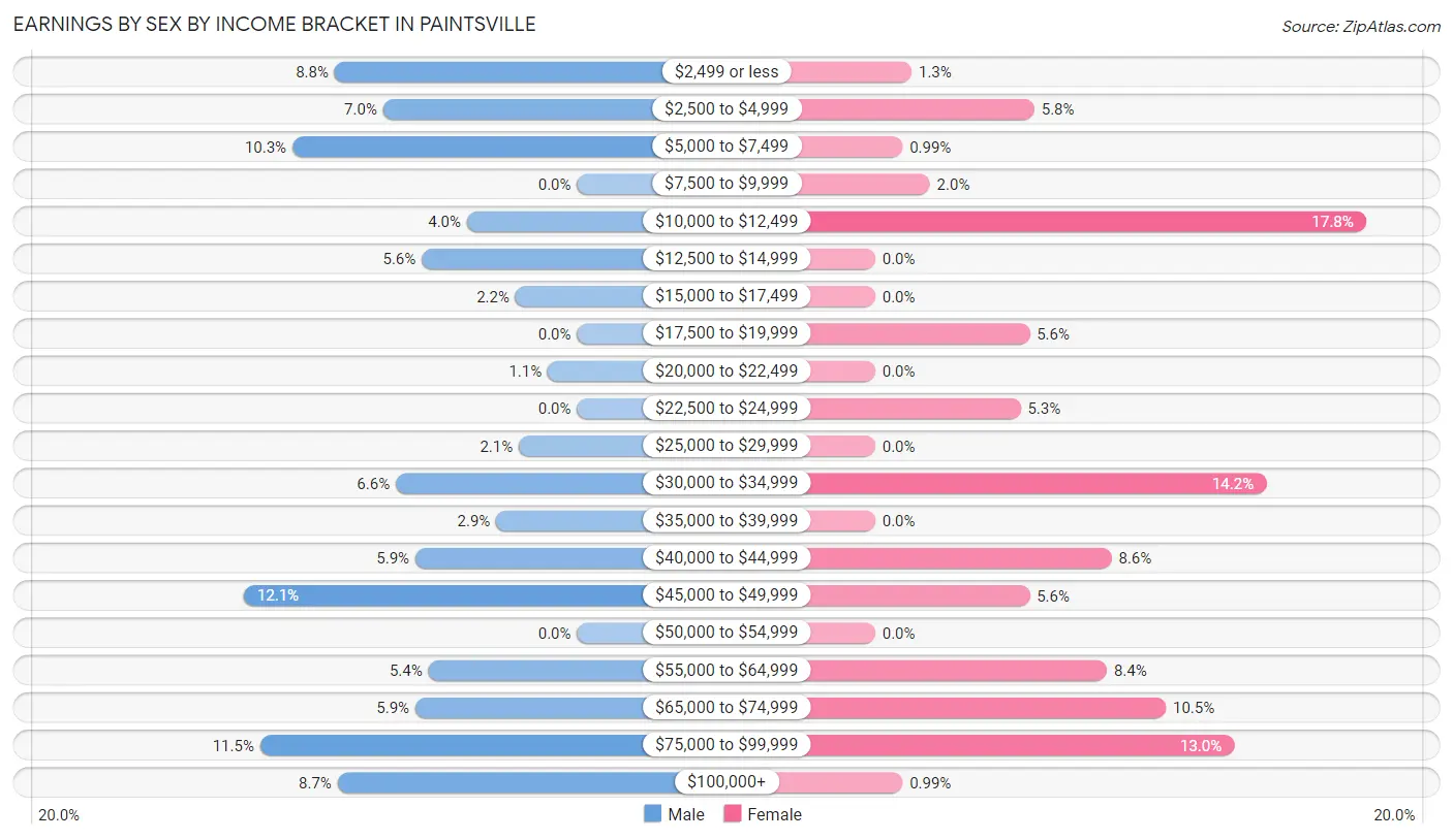 Earnings by Sex by Income Bracket in Paintsville