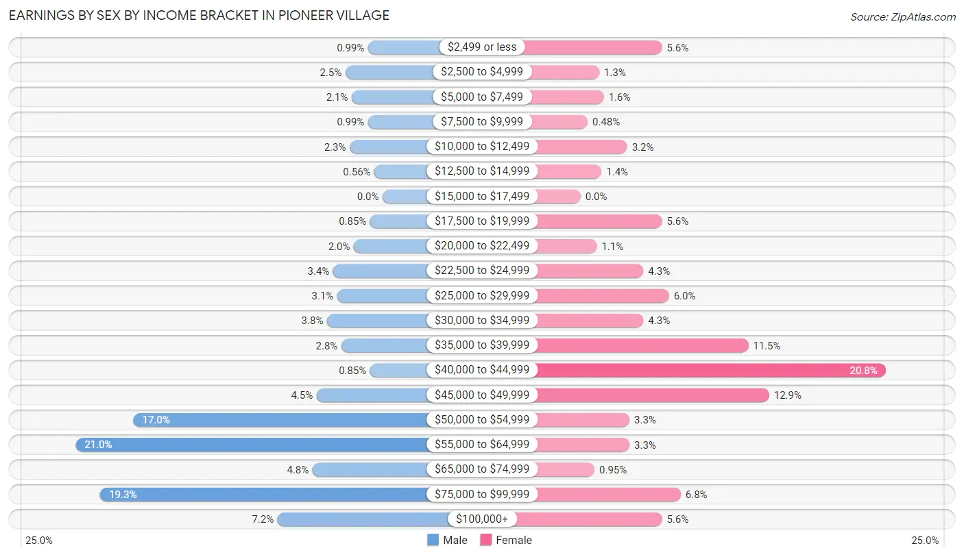 Earnings by Sex by Income Bracket in Pioneer Village