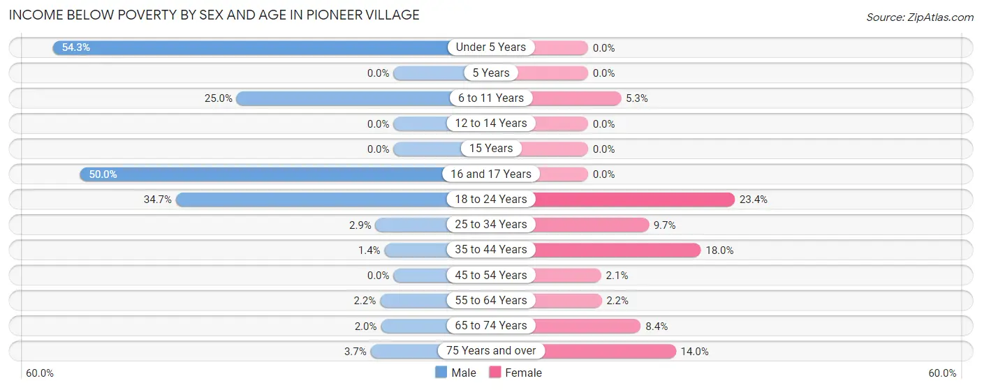 Income Below Poverty by Sex and Age in Pioneer Village