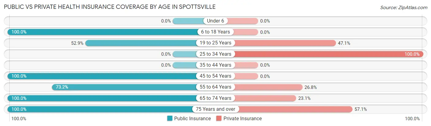 Public vs Private Health Insurance Coverage by Age in Spottsville