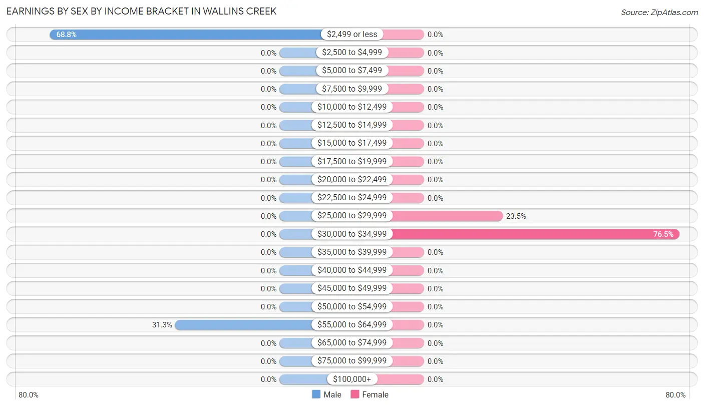 Earnings by Sex by Income Bracket in Wallins Creek
